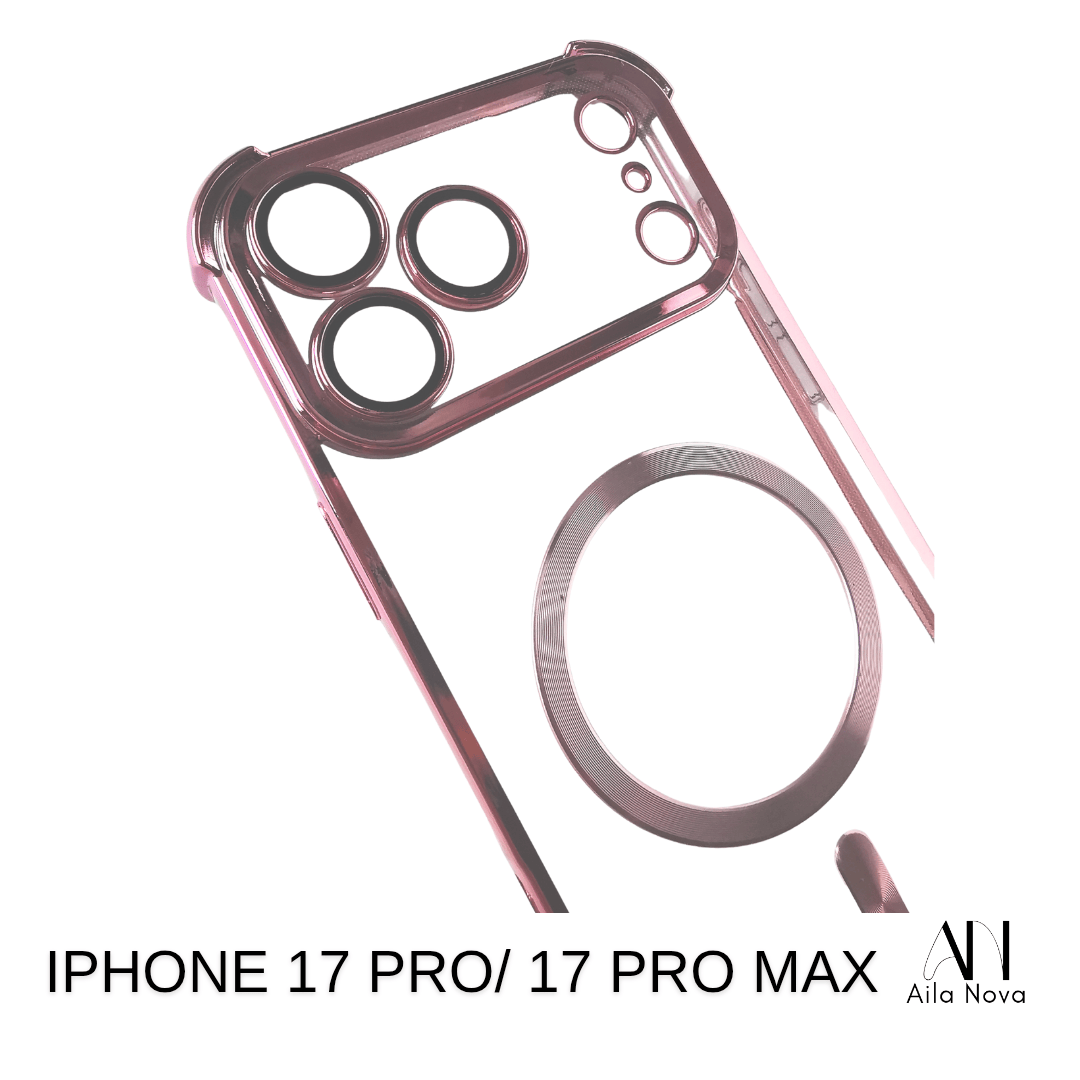 Funda MagSafe Acrílica iPhone 17 PRO MAX – Bordes Metálicos Rosa