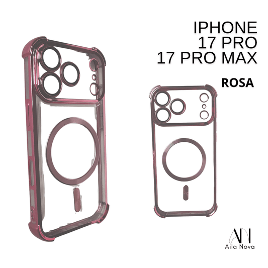 Funda MagSafe Acrílica iPhone 17 PRO – Bordes Metálicos Rosa