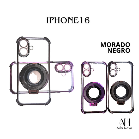 Funda Transparente con Aro Magnético & Soporte – iPhone 16 | Negro | Morado