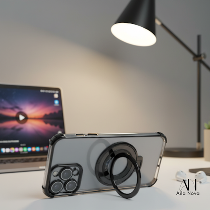 Funda Transparente con Aro Magnético & Soporte – iPhone 16 | Negro | Morado