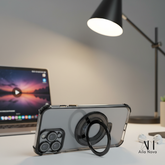 Funda Transparente con Aro Magnético & Soporte – iPhone 16 | Negro | Morado