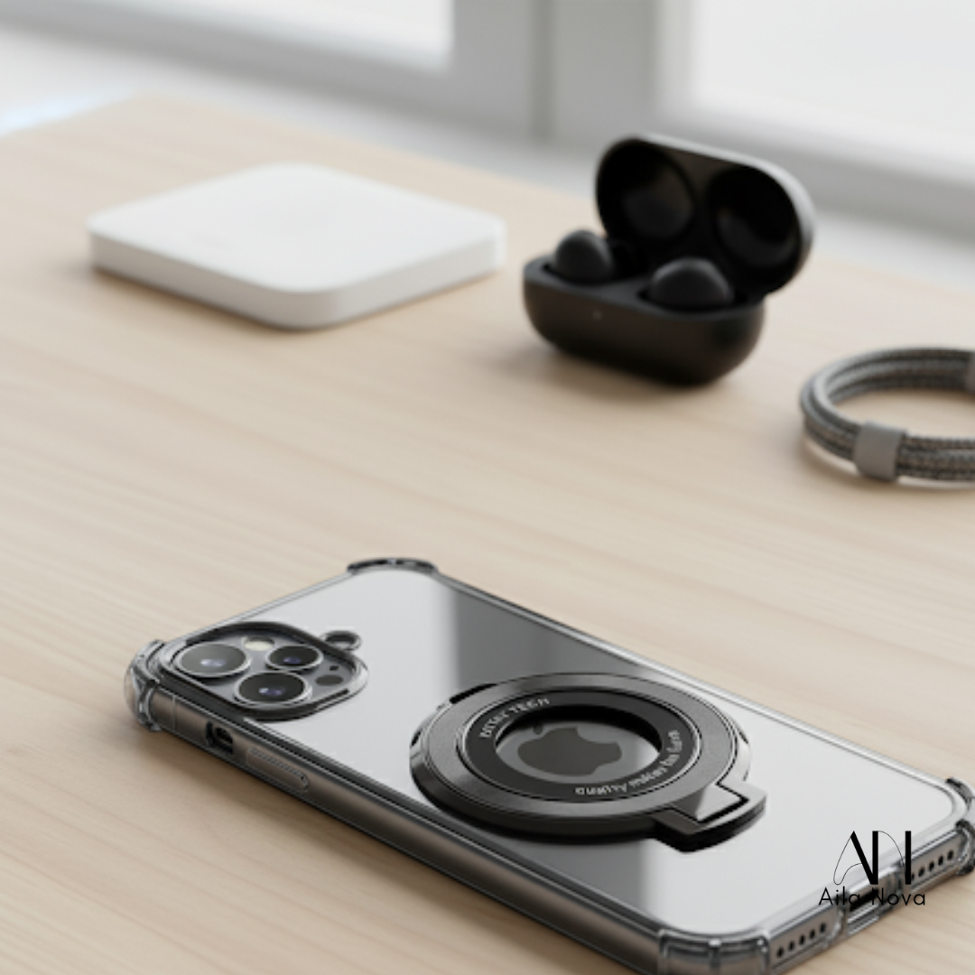 Funda Transparente con Aro Magnético & Soporte – iPhone 15 PRO MAX | Negro | Morado