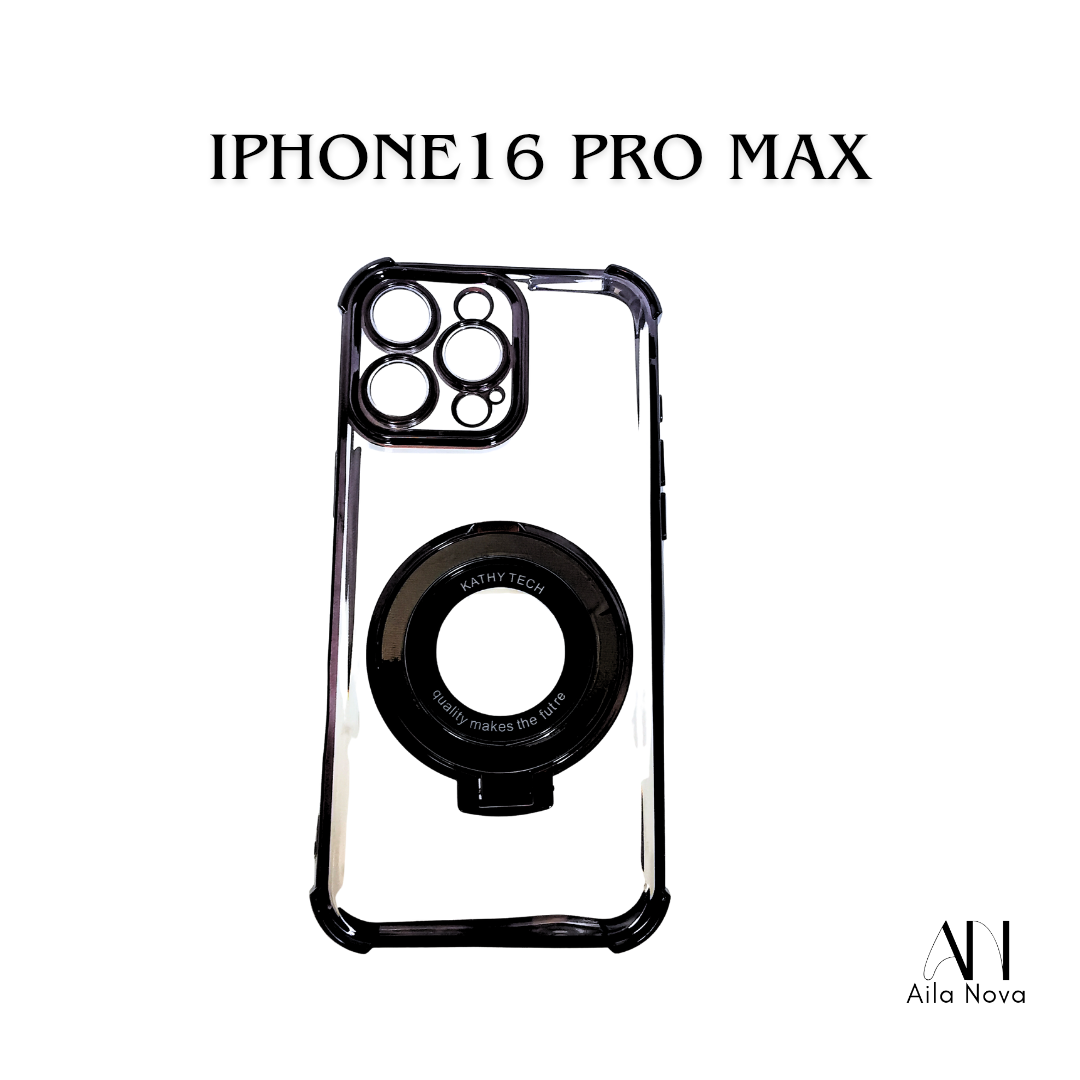 Funda Transparente con Aro Magnético & Soporte – iPhone 16 PRO MAX | Negro | Morado
