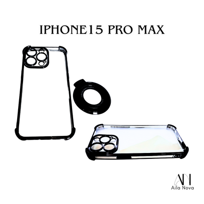 Funda Transparente con Aro Magnético & Soporte – iPhone 15 PRO MAX | Negro | Morado