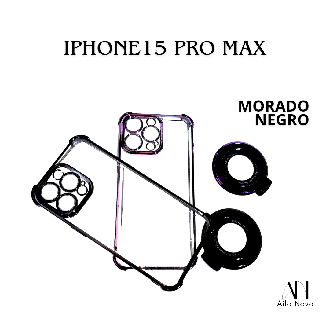 Funda Transparente con Aro Magnético & Soporte – iPhone 15 PRO MAX | Negro | Morado