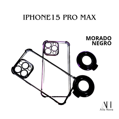 Funda Transparente con Aro Magnético & Soporte – iPhone 15 PRO MAX | Negro | Morado