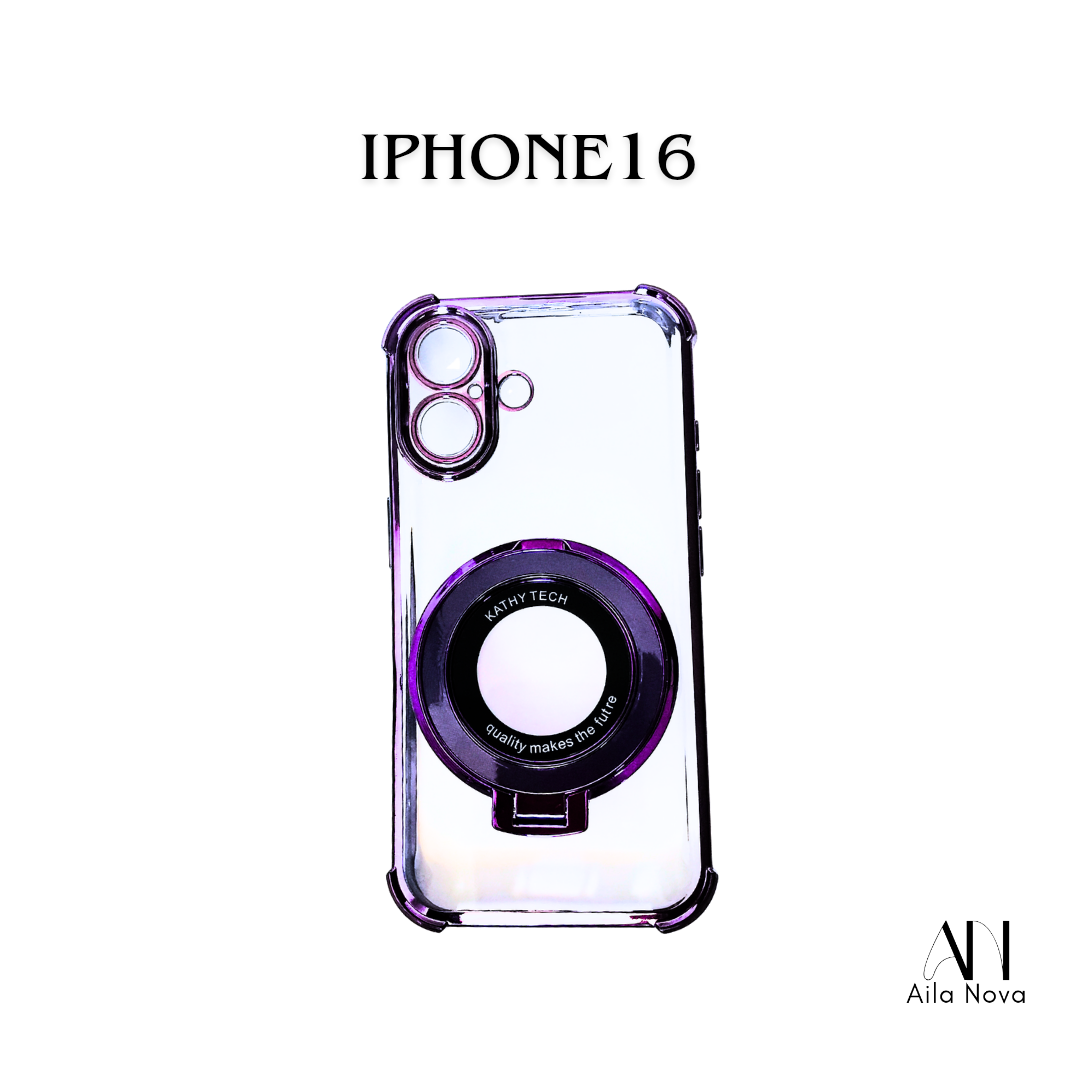 Funda Transparente con Aro Magnético & Soporte – iPhone 16 | Negro | Morado